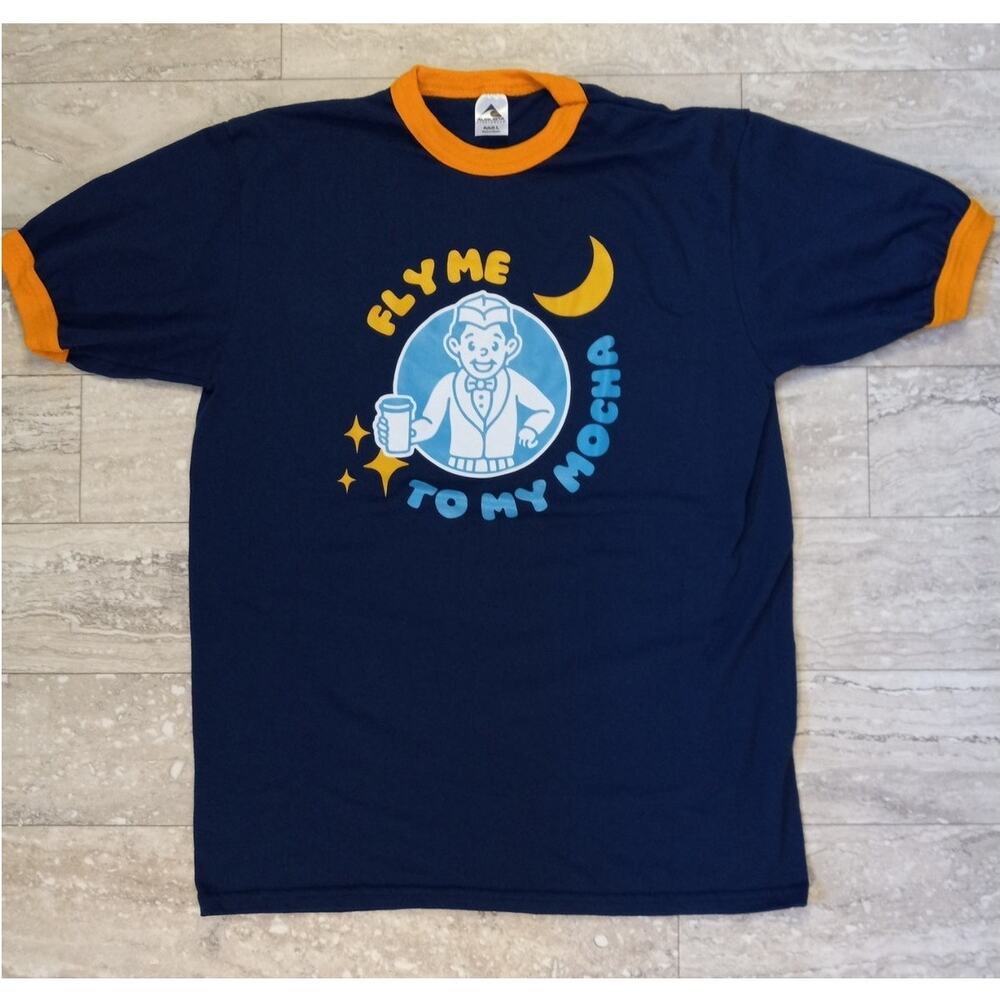 Fly Me To the Mocha coffee dark blue graphic short sleeve shirt SIZE‎ L